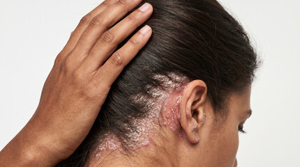 Fototapeta premium Macro Photograph of Severe Scalp Psoriasis and Plaque Lesions Near the Hairline and Ear During Clinical Dermatological Inspection