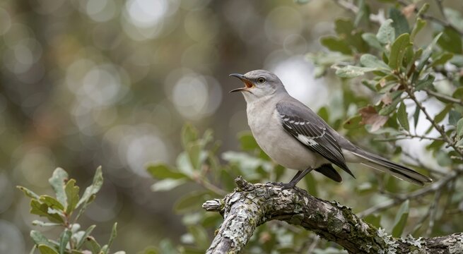 Northern mockingbird with open beak singing on a tree branch. Close up of grey songbird perched in natural environment with blurred background