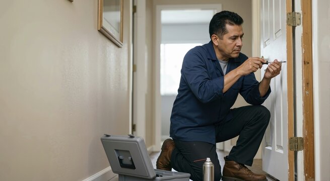 Hispanic male handyman kneeling and fixing a door hinge with a screwdriver. Professional contractor doing home maintenance and repair work. Open toolbox and spray lubricant on the floor