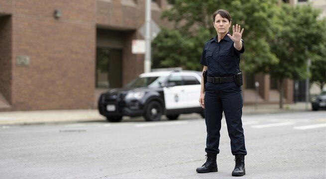 Female police officer standing in the street demonstrating a stop hand signal. Cop in uniform controlling traffic with a police car in the background