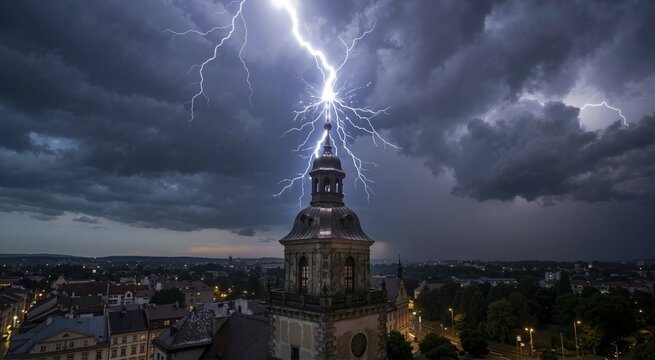 Dramatic lightning bolt striking a lightning rod on a historic tower. Severe thunderstorm over a city at night with dark ominous clouds