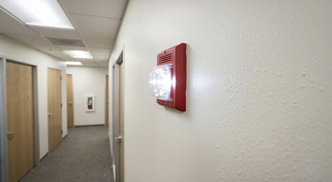 Red fire alarm strobe light flashing on a hallway wall. Active emergency alert and evacuation signal in a commercial building