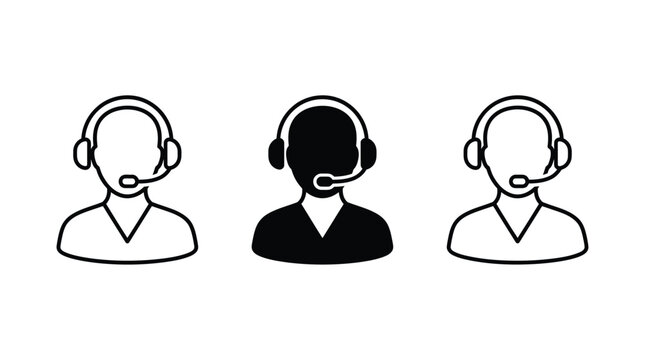 Customer support representative icons with headsets in a black silhouette style