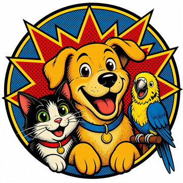 Cartoon retro comic style illustration of a pet store logo with cat, dog and parrot