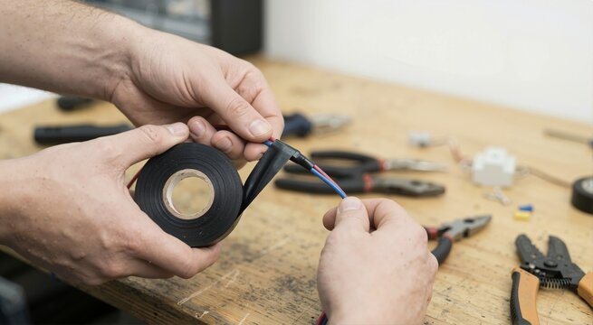 Electrician wrapping black vinyl electrical tape around spliced wires. Hands repairing red and blue cables on a wooden workbench with tools. DIY home maintenance concept