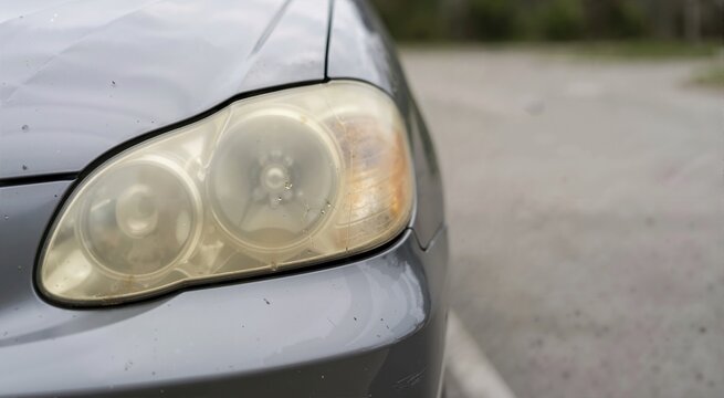 Close up of a yellow oxidized car headlight lens. Cloudy and opaque plastic auto lamp needing restoration. Vehicle maintenance and safety hazard