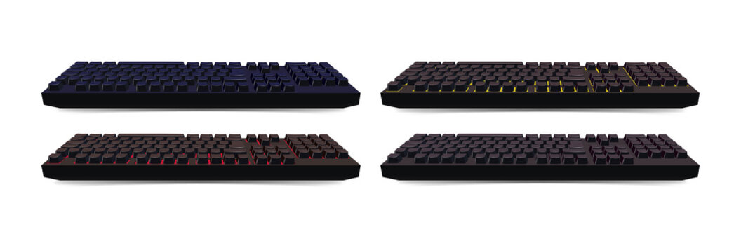 Four keyboards with colorful backlighting on transparent background