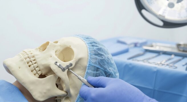 Titanium plate and screws implanted on a cheekbone of a skull model. Surgeon hand with screwdriver demonstrating maxillofacial facial reconstruction surgery