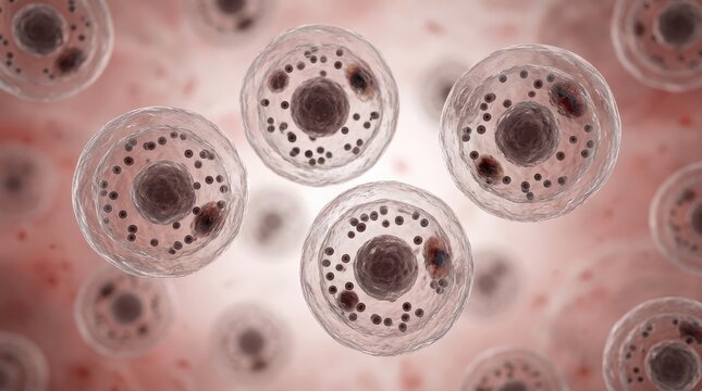 Microscopic view of human cells with nuclei 3D illustration