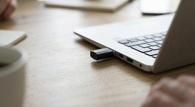 Mini USB Bluetooth adapter plugged into silver laptop. Close up of black wireless dongle with blue LED light on wooden desk. Modern computer connectivity and technology