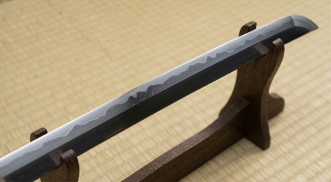 Close up of a Japanese katana blade showing the wavy hamon temper line. Traditional samurai sword resting on a wooden stand over a tatami mat