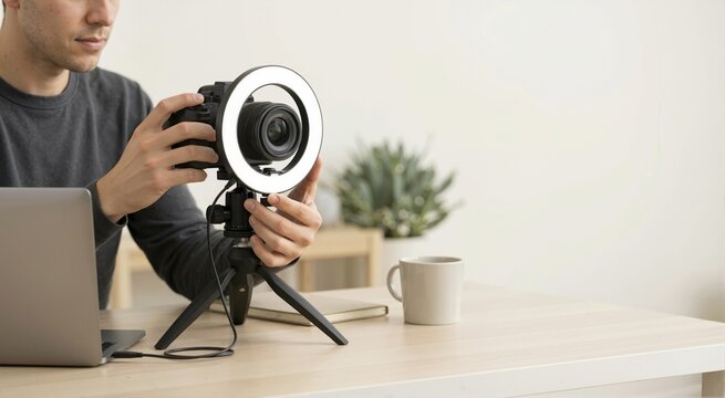 Content creator adjusting a digital camera with an LED ring light on a desk tripod. Man setting up video recording equipment connected to a laptop. Home studio workspace