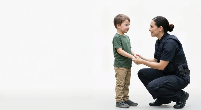 Female police officer kneeling and holding hands with a young boy. Friendly cop comforting and consoling a lost child isolated on a white background