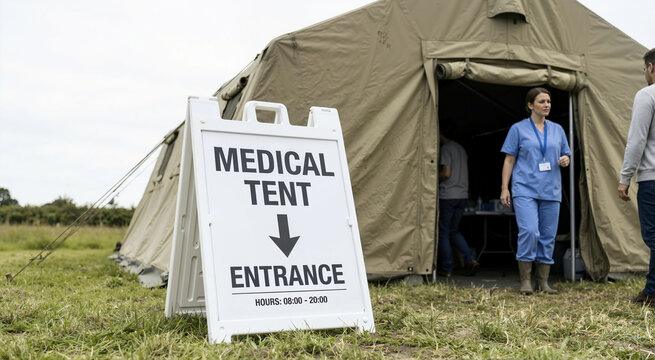 White medical tent entrance sign in a grassy field. Female healthcare worker in blue scrubs standing outside a temporary outdoor emergency clinic