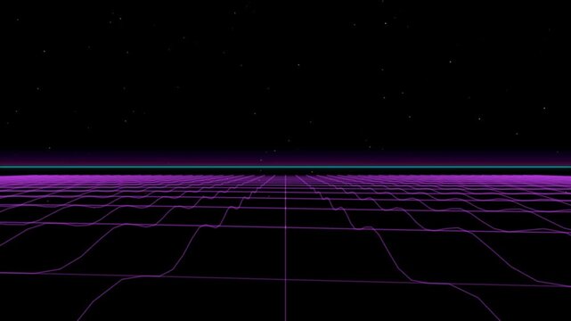 Retro synthwave landscape with a purple glowing wireframe grid and a starry night sky background