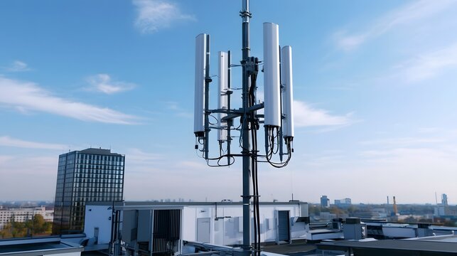 Modern telecommunications antenna array mounted on rooftop against clear blue sky with urban skyline in background