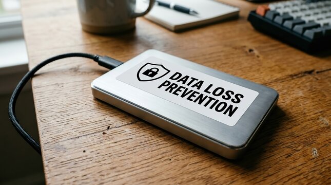 Portable hard drive displaying data loss prevention on a wooden office table with prevention security protection