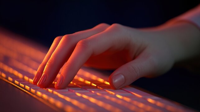 A close-up of a hand typing on a backlit keyboard in a dimly lit environment, highlighting the fingertips and illuminated keys.
