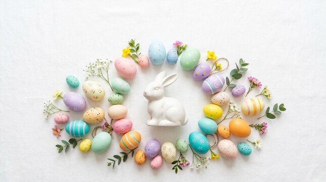Easter Rabbit surrounded by colorful painted eggs and spring flowers, top view