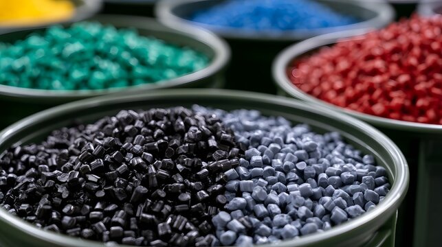 Colorful plastic pellets sorted in containers for manufacturing or recycling  showing industrial material prepa n