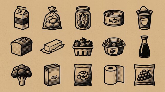 Pantry staples and food ingredients icon set rendered in vintage dotted halftone style.