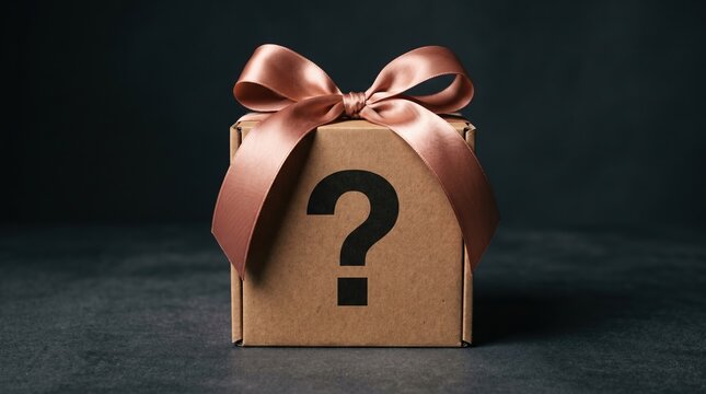 Brown cardboard gift box tied with a satin ribbon and a question mark symbol on a dark textured surface