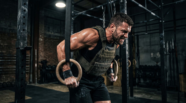 Muscular man with weight vest performing intense rings exercise in gritty gym