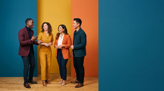 Diverse business professionals collaborating and talking in a modern office setting
