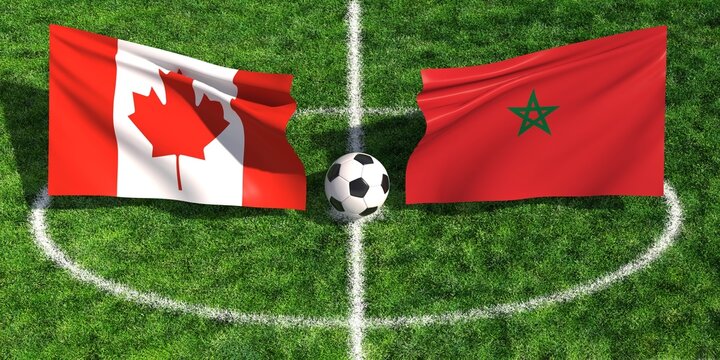 Canada and morocco flags with soccer ball on green grass field pitch