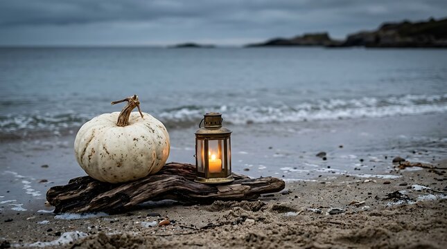 White pumpkin and glowing lantern on driftwood at the beach for Halloween autumn decor