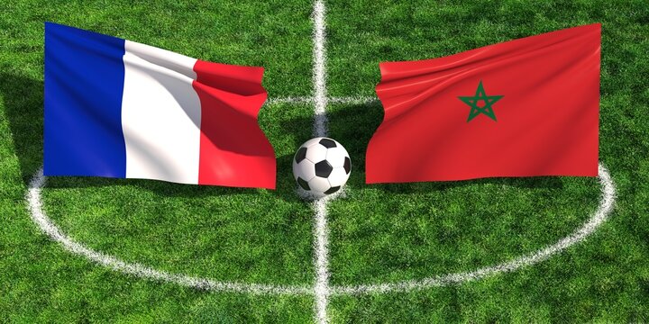 France and morocco flags with soccer ball on green grass field pitch