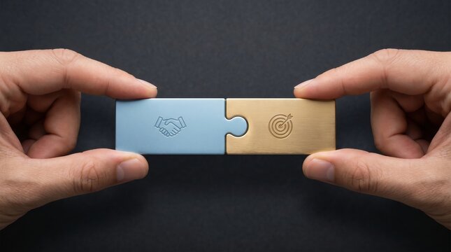 Two hands connecting two puzzle pieces with icons representing partnership integration and business merger