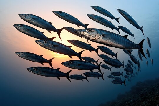 School of barracuda fish swimming underwater ocean sunset background