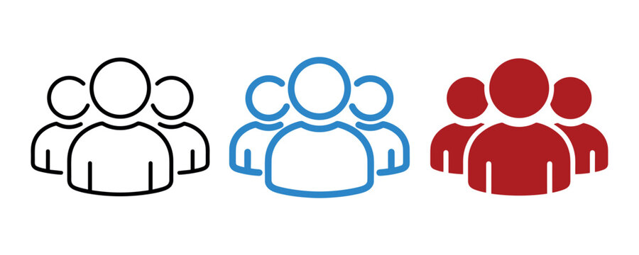 Set of three people group icon vector symbols in black blue and red colors