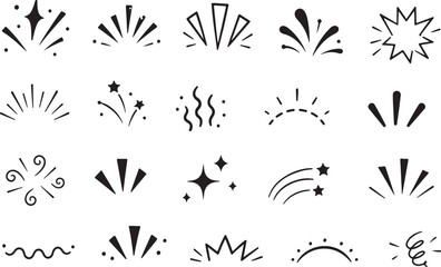 Fototapeta premium Collection of hand-drawn starburst and sparkle icons simple vector elements for design accents isolated on white background