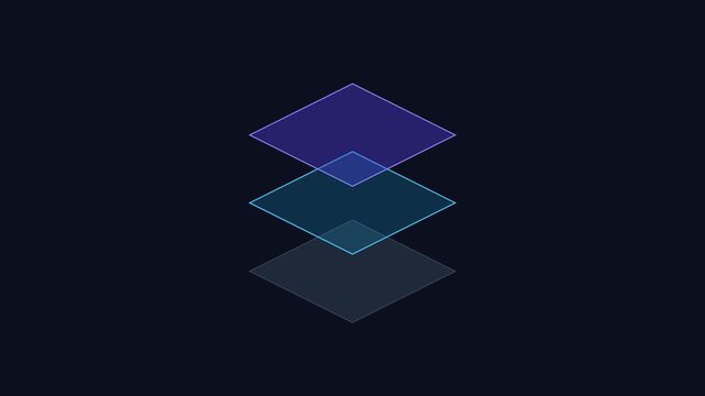 Abstract isometric layers animation with glowing neon geometric shapes and data visualization 4k