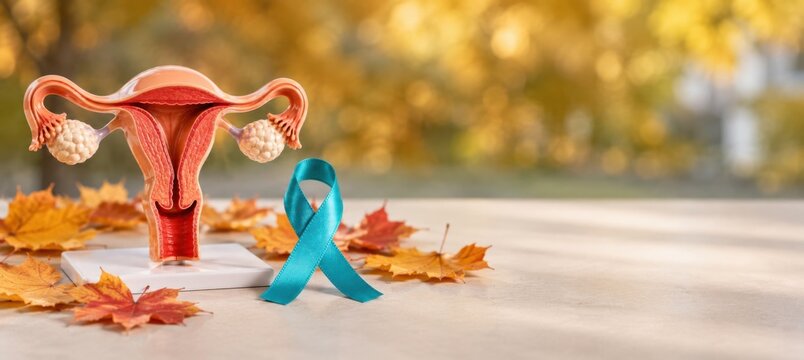 Ovarian Cancer Awareness Month and Gynecologic Cancer Awareness Month in September, featuring a female reproductive anatomy model and teal awareness ribbon with copy space for health campaigns