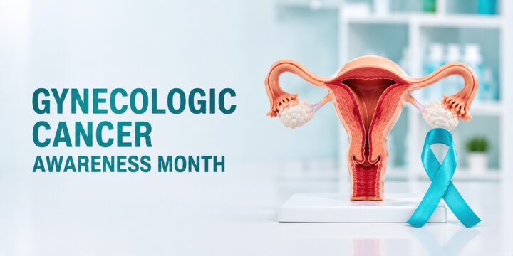 September Gynecologic Cancer Awareness Month banner featuring a female reproductive system medical model and teal ribbon