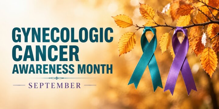 Gynecologic Cancer Awareness Month in September banner with teal and purple awareness ribbons hanging on an autumn tree branch