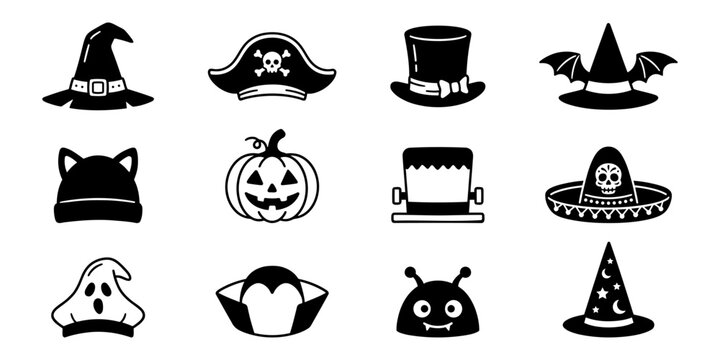 Set of halloween costume hats icons, including witch hat, pumpkin, skull, and monster headgear