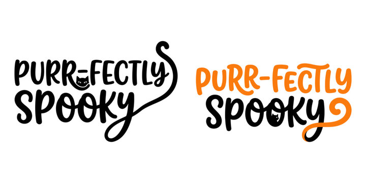 Purrfectly spooky lettering with cute black cat silhouette, halloween typography design for cat lovers
