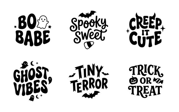 Set of halloween themed lettering quotes, spooky and cute ghost, bat, pumpkin and candy illustrations, black and white vector graphics