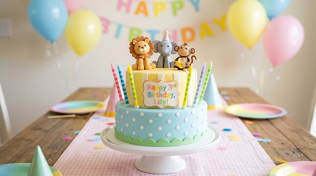 Birthday Cake with Candles and Colorful Balloons for a Joyful Party Celebration and Festive Dessert Decoration