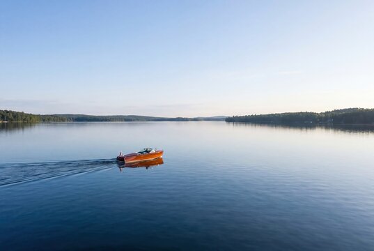 Classic wooden speedboat cruising calm lake water in peaceful morning