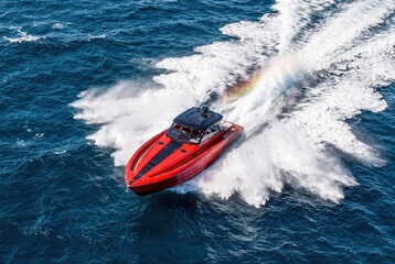 Obraz premium Fast red luxury motorboat cruising on ocean water with wave spray top
