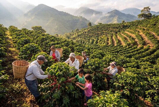 Coffee harvest family workers picking beans on mountain plantation farm