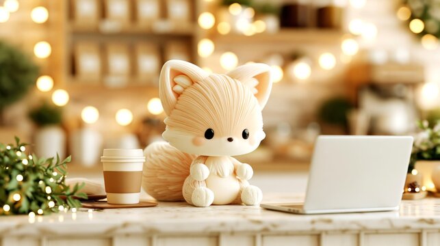 Fox figurine with coffee cup and laptop in a cozy cafe interior with warm lights, suggesting a small business workspace and copy space for branding.