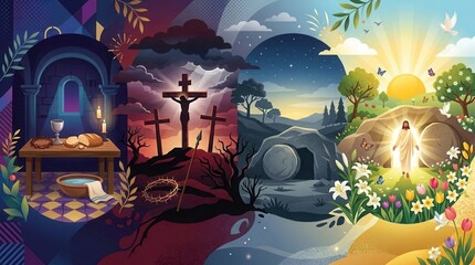Naklejka premium Themed duality: last supper and resurrection in vibrant spiritual art