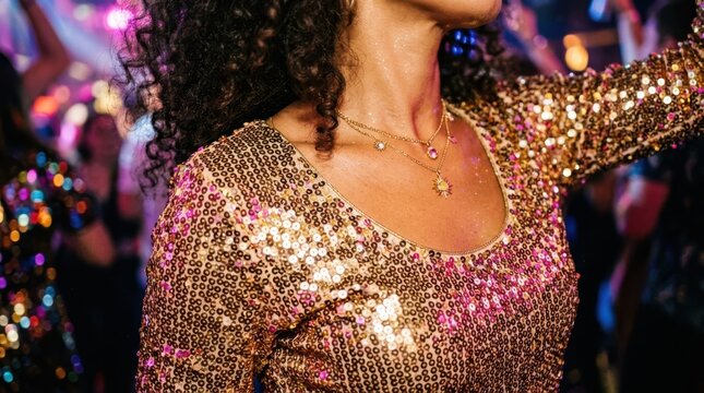 Vibrant nightlife: woman in sparkling gold dress dancing at lively party