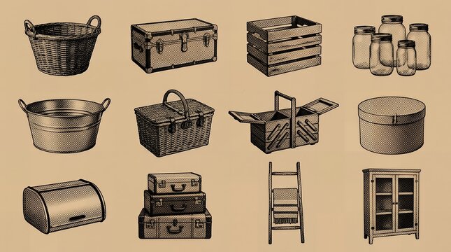 Rustic household storage items wood wicker metal for country living and antique decoration.